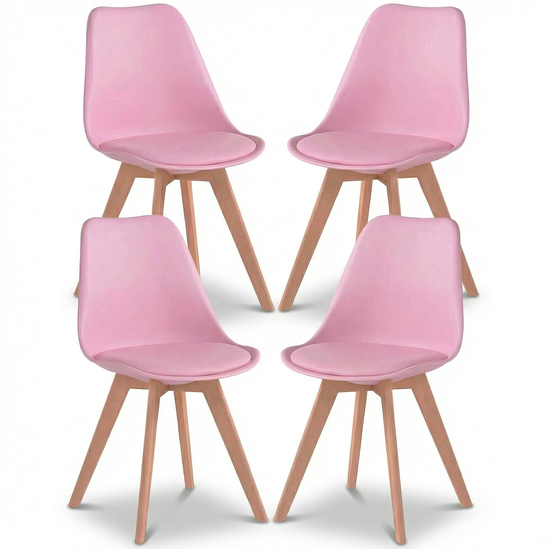 Set 4 Scaune Bucatarie Roz Elindor® din Piele Ecologica, Picioare din Lemn, Scaun Confortabil, Perna Sezut, Elegant, pentru Bucatarie, Dormitor, Living, 50 x 45 x 81 cm