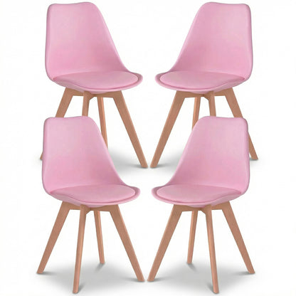 Set 4 Scaune Bucatarie Roz Elindor® din Piele Ecologica, Picioare din Lemn, Scaun Confortabil, Perna Sezut, Elegant, pentru Bucatarie, Dormitor, Living, 50 x 45 x 81 cm