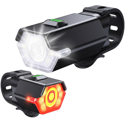 Set Lumini pentru Bicicleta Elindor®, Far Fata si Stop Spate LED, 9 Moduri de Iluminare, Incarcare USB-C, Impermeabil IP65, Faruri cu Acumulator Reincarcabil, Accesorii Bicicleta, Montare Rapida, Negru