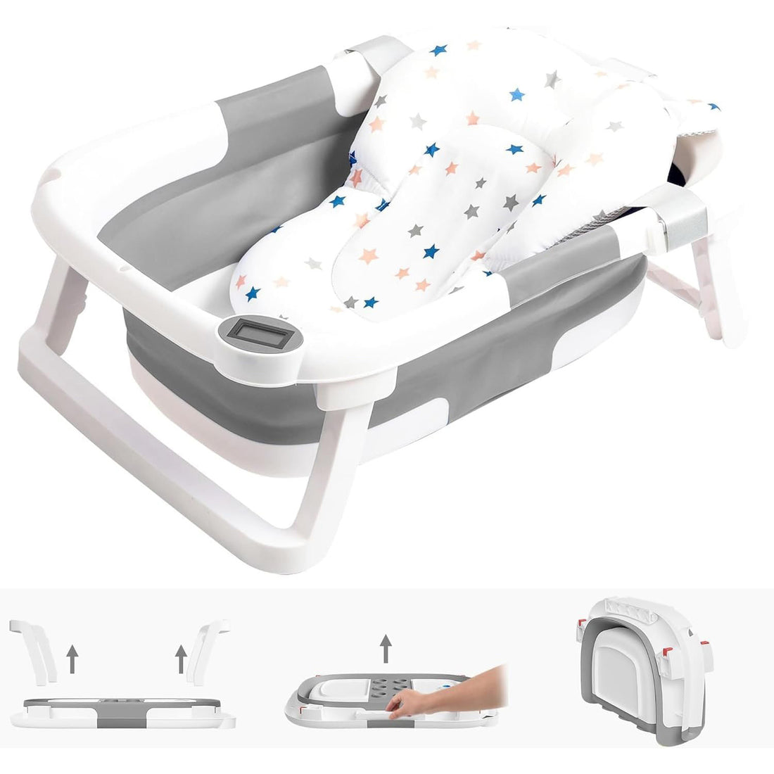 Cadita Pliabila Bebe Elindor® cu Senzor de Temperatura, cu Perna Moale Detasabila, Orificiu Scurgere, pentru Nou-Nascuti si Copii 0–36 Luni, Design Portabil, Ideal pentru Acasa sau Calatorii 60.5 × 43 × 20.5 cm, Gri