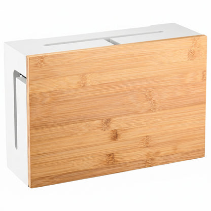 Cutie Organizare Cabluri Elindor®, din Bambus cu Capac Magnetic, Organizator pentru Accesorii Living, Birou, Dormitor, Bucatarie, Camara, Utilizare in Interior, Compatibila cu Prelungitoare si Adaptoare Multiple, 32 × 22 × 11 cm, Alb