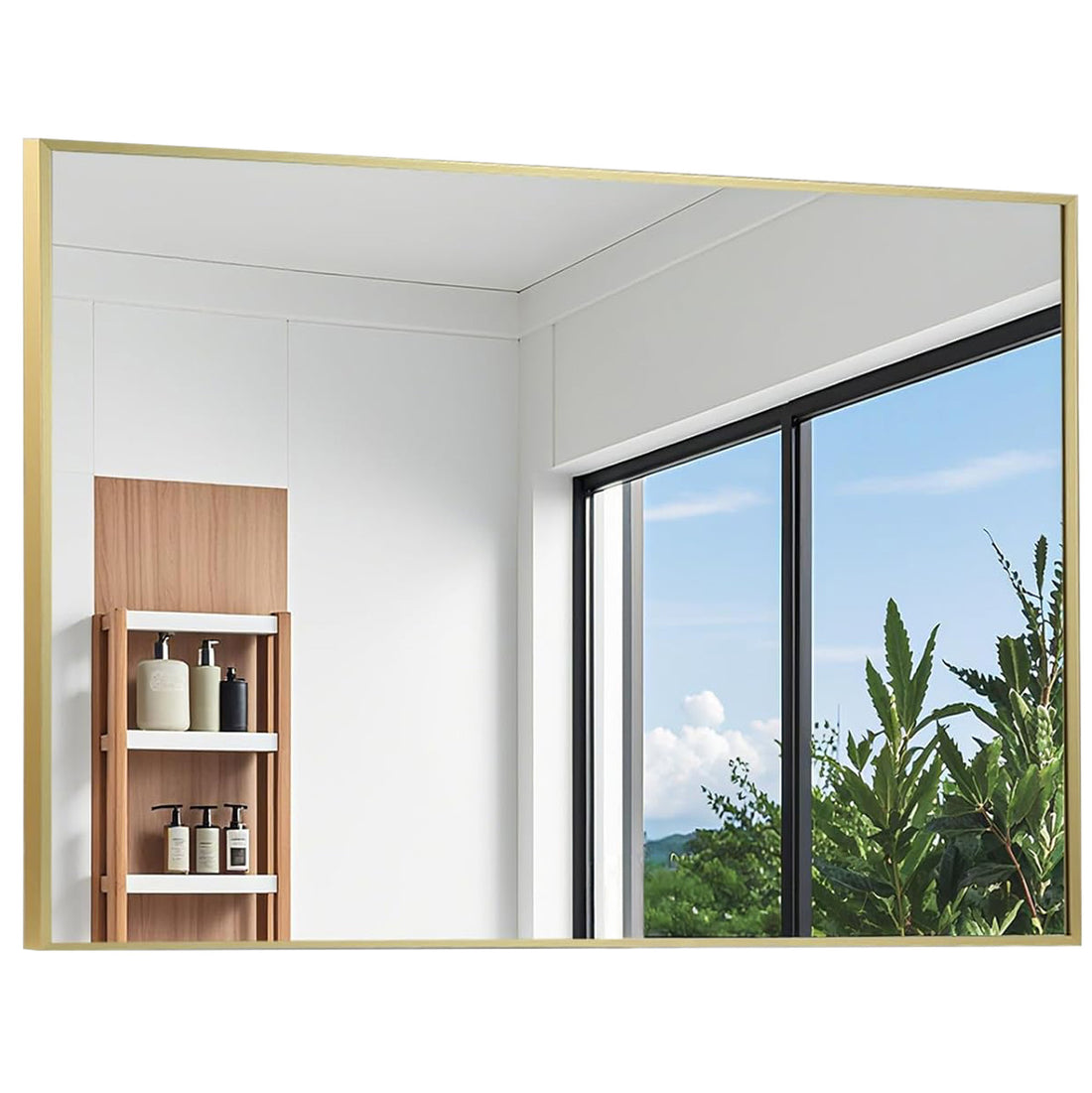 Oglinda Decorativa 100 x 75 cm Elindor® Agatare pe Perete sau Sprijinita, Rama Aurie, Dreptunghiulara, Moderna si Eleganta, Reflexie HD, Sticla fara Distorsiuni, Ideala pentru Dormitor, Living, Birou, Dressing, Hol, Baie
