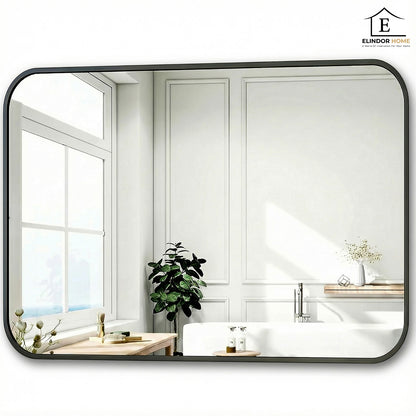 Oglinda Decorativa Elindor®  100x75cm Rama Neagra  Agatare pe Perete sau Sprijinita, Dreptunghiulara, Colturi Rotunjite, Moderna si Eleganta, Reflexie HD, Sticla fara Distorsiuni, Ideala pentru Dormitor, Living, Birou, Dressing, Hol, Baie,