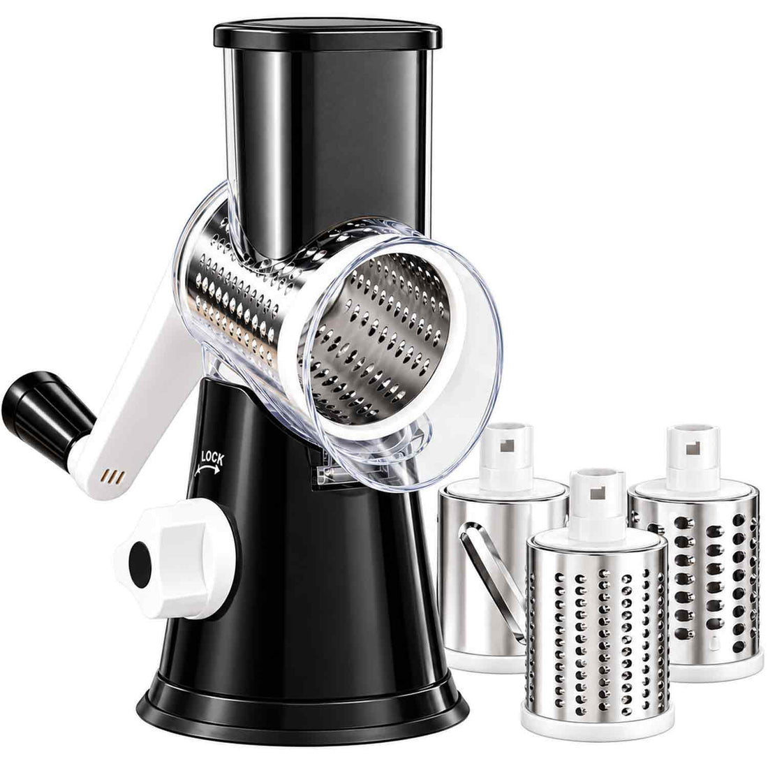 Razatoare Rotativa 3 in 1 Elindor® cu Maner, Lame din Otel Inoxidabil, Tocator Legume, Razatoare Branza, Morcovi, Varza, Ustensila de Bucatarie, Design Compact, Multifunctional, Negru