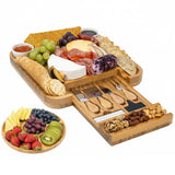 Platou pentru Servire Branzeturi si Aperitive Elindor® din Bambus, Tava Rotunda, Cutite Branzeturi, Boluri Ceramice, Platou de Bucatarie, 36.2 × 36.2 × 45 cm, Bej