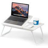 Masa Pliabila pentru Laptop Elindor® Suport Inaltime Reglabila 5 Trepte, Unghi Ajustabil, Antiderapanta, Usor de Depozitat, Birou Portabil cu Suport pentru Pahar si Mouse, Utilizare in Orice Loc, Ideala la Munca sau Mic Dejun la Pat, Alb