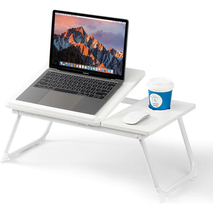 Masa Pliabila pentru Laptop Elindor® Suport Inaltime Reglabila 5 Trepte, Unghi Ajustabil, Antiderapanta, Usor de Depozitat, Birou Portabil cu Suport pentru Pahar si Mouse, Utilizare in Orice Loc, Ideala la Munca sau Mic Dejun la Pat, Alb