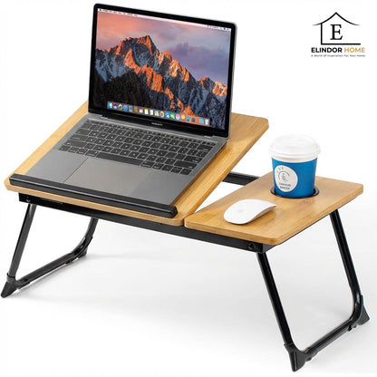 Masa Pliabila pentru Laptop Elindor® Suport Inaltime Reglabila 5 Trepte, Unghi Ajustabil, Antiderapanta, Usor de Depozitat, Birou Portabil cu Suport pentru Pahar si Mouse, Utilizare in Orice Loc, Ideala la Munca sau Mic Dejun la Pat, Bej