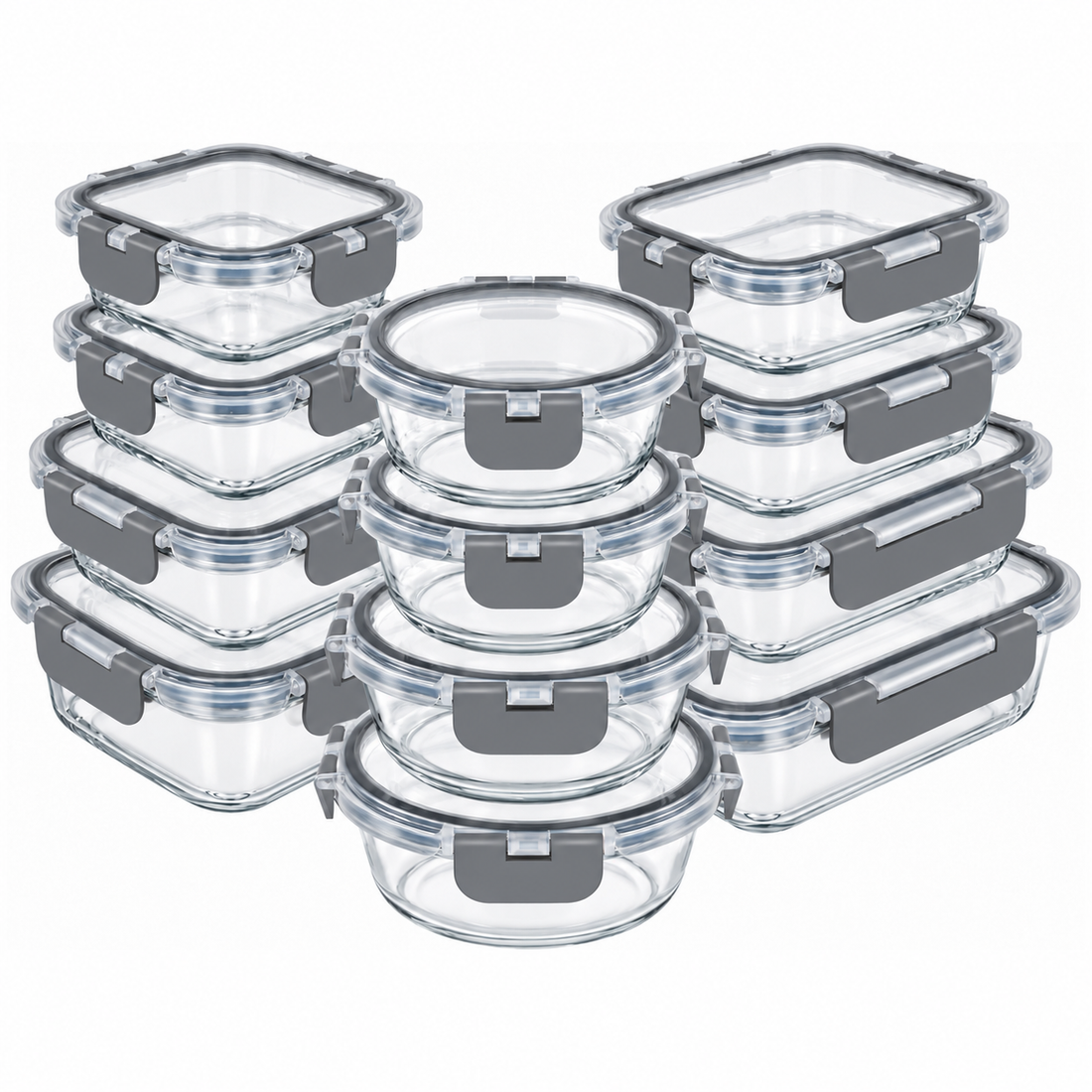 Set de 12 Caserole Elindor® din Sticla Borosilicata, Recipiente Ingrediente pentru Bucatarie, pentru Alimente Uscate, Recipient pentru Depozitare Zahar, Cafea, Paste, Cereale, Capac Etans, 320–1040 ml, Gri