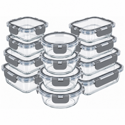 Set de 12 Caserole Elindor® din Sticla Borosilicata, Recipiente Ingrediente pentru Bucatarie, pentru Alimente Uscate, Recipient pentru Depozitare Zahar, Cafea, Paste, Cereale, Capac Etans, 320–1040 ml, Gri