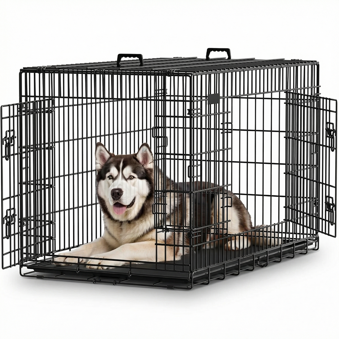 Cusca pentru Animale Elindor® Pliabila, Potrivita pentru Caini de Talie Medie si Mare de 23 Kg, Utilizare in Interior si Exterior sau Calatorii, cu 2 Usi, Baza din Plastic Detasabila, 2 Manere pentru Transport, Marime XXL, 107×69.5×75 cm,