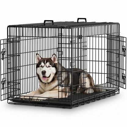 Cusca pentru Animale Elindor® Pliabila, Potrivita pentru Caini de Talie Medie si Mare de 23 Kg, Utilizare in Interior si Exterior sau Calatorii, cu 2 Usi, Baza din Plastic Detasabila, 2 Manere pentru Transport, Marime XXL, 107×69.5×75 cm,