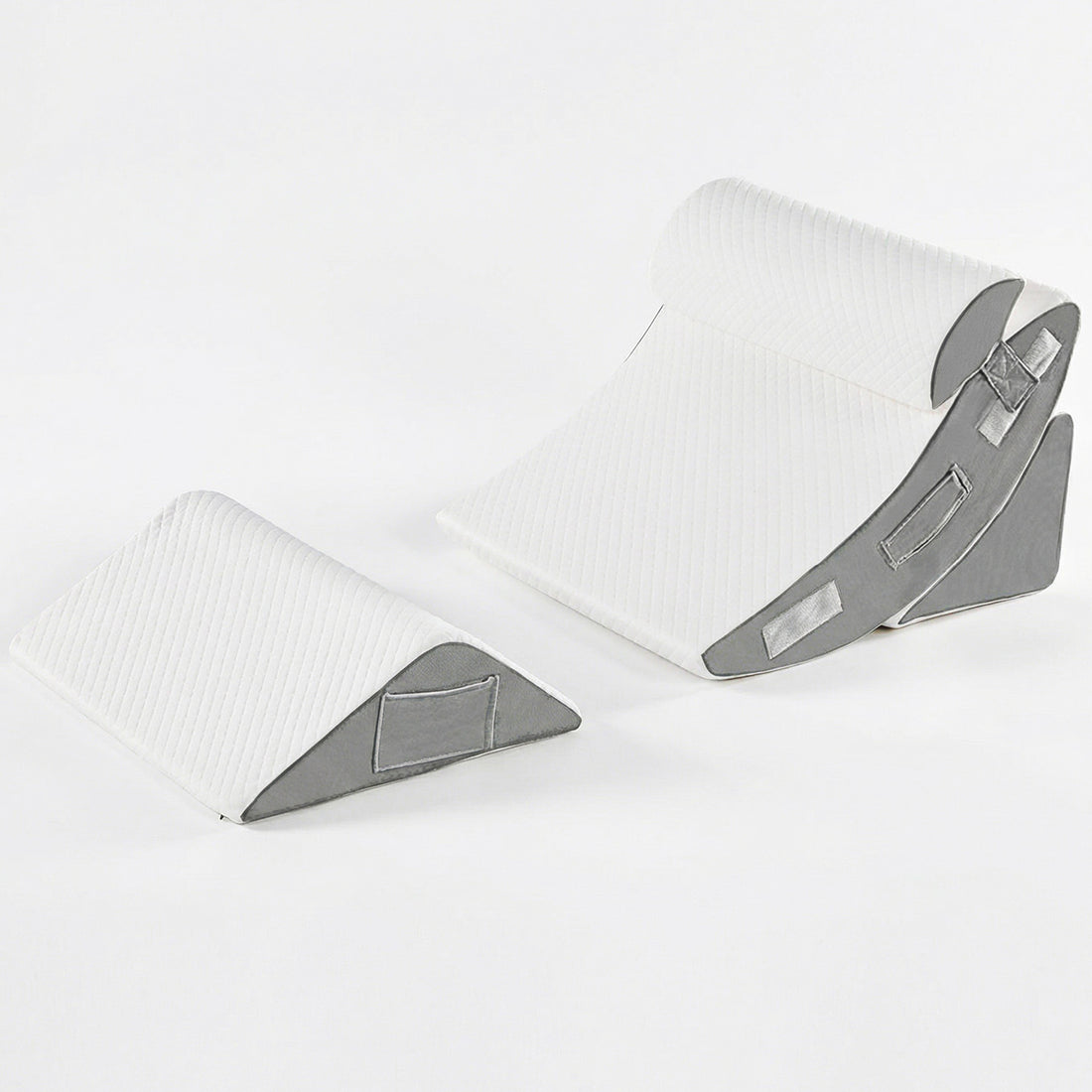 Perna Ortopedica Triunghiulara Elindor® pentru Pat, Perna din Spuma cu Memorie, Set 4 Piese, Suport Spate, Cap, Post-Operator, Anti-Reflux, Antisforait, Antirid, Husa Detasabila cu Fermoar, Reglabil cu Velcro, 57 x 57 cm, Alb / Gri