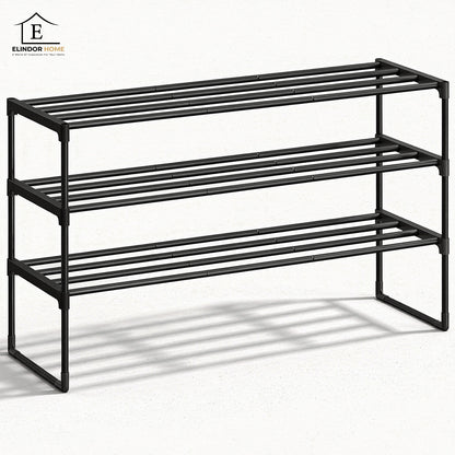 Organizator pentru Pantofi Elindor® Pantofar cu 3 Nivele Mari, Fara Gauri, Suport Metalic pentru Papuci, Dulap Hol, Dormitor, Economisire Spatiu, Depozitare Incaltaminte, 30 × 92 × 55 cm, Negru