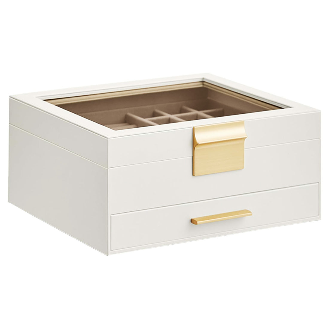 Cutie de Bijuterii Elindor® cu Capac, Organizator 2 Niveluri, 1x Sertar, Spatiu de Depozitare Inel, Verighete, Lantisoare, Bratari, Cercei, Caseta din Material Catifelat, Design Rafinat, Simplu si Elegant, Piele Ecologica, 22.3 x 23.1 x 10.4 cm, Alb/Auriu