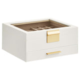 Cutie de Bijuterii Elindor® cu Capac, Organizator 2 Niveluri, 1x Sertar, Spatiu de Depozitare Inel, Verighete, Lantisoare, Bratari, Cercei, Caseta din Material Catifelat, Design Rafinat, Simplu si Elegant, Piele Ecologica, 22.3 x 23.1 x 10.4 cm, Alb/Auriu