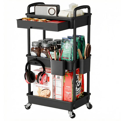 Carucior Organizator 3 Niveluri Elindor®, cu 1 Sertar si Roti 360°, Organizator Bucatarie, Multifunctional, Raft Mobil Organizare Baie, Camara, Birou, Bar,38 x 27 × 74 cm, Negru