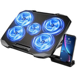 Cooler Laptop Gaming RGB Elindor® Suport cu Unghi Reglabil pe 5 Nivele, Viteza Ajustabila, Dimensiuni Compatabile 12-15.6 Inch, 5 Ventilatoare Puternice si Silentioase, 2 Porturi USB, Suport Telefon, pentru Birou, Calatorii, 36 × 25.5 × 2.7 cm, Negru
