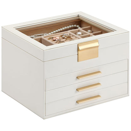 Cutie de Bijuterii Elindor® cu Capac, Organizator 4 Niveluri, 3x Sertar, Spatiu de Depozitare Inel, Verighete, Lantisoare, Bratari, Cercei, Caseta din Material Catifelat, Design Rafinat, Simplu si Elegant, Piele Ecologica, Bej