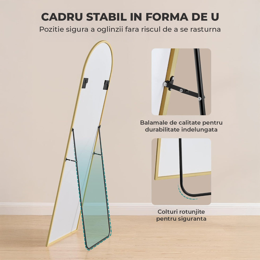 Oglinda Elindor® Cadru din Aluminiu, 150x40 Cm, Design Arcada, Modern, Montaj pe Perete sau Podea, Ideala pentru Dormitor, Living sau Hol, Negru