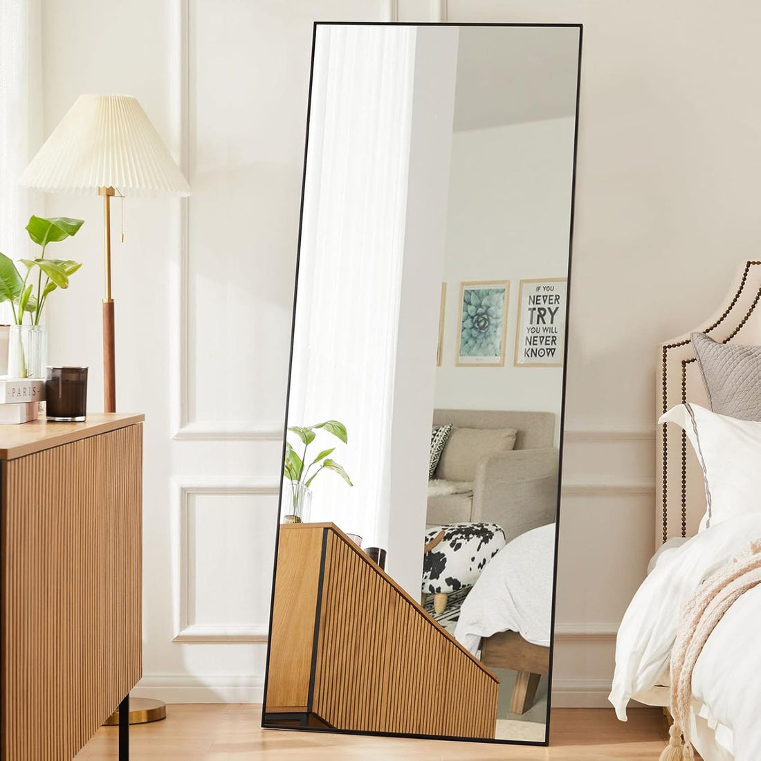 Oglindă Elindor® de Podea sau Perete, 150x40 cm, Cadru din Aluminiu, Design Dreptunghi, Negru