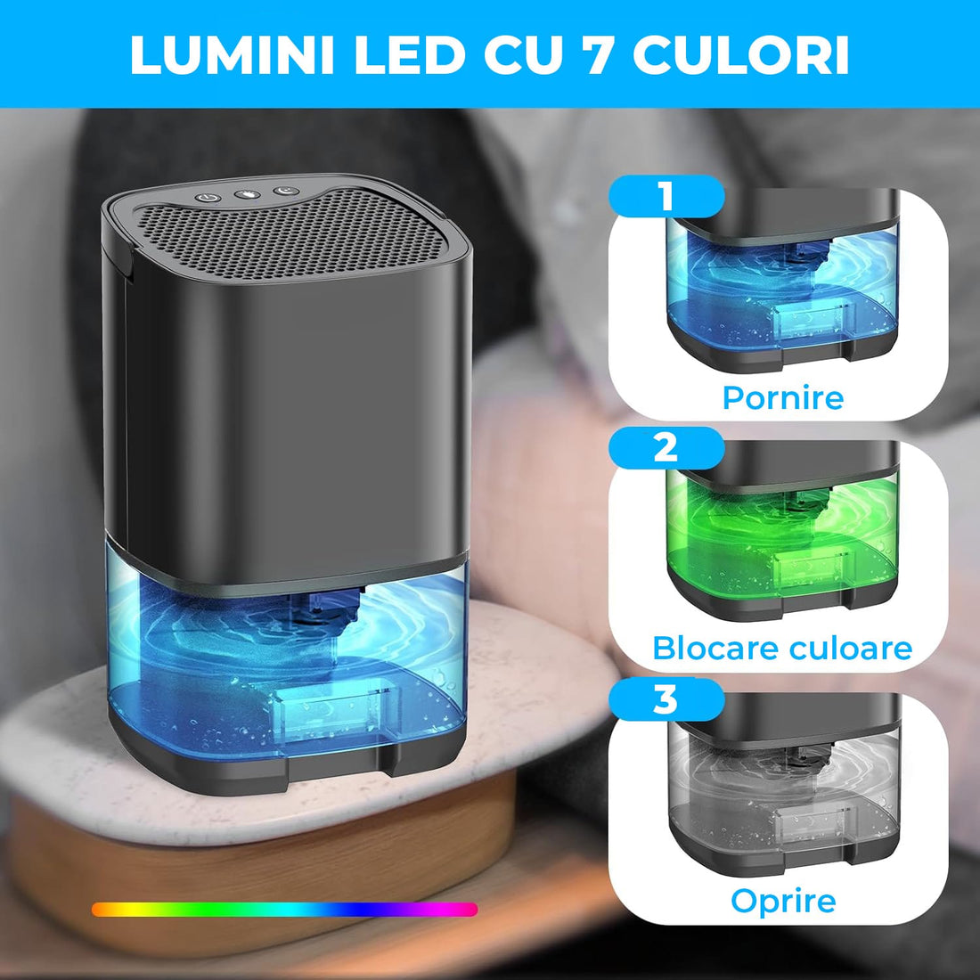 Dezumidificator Portabil Elindor®, Oprire Automată, Rezervor 1L, Lumini LED, Negru