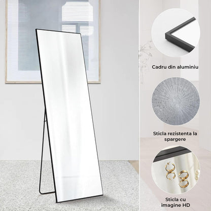 Oglindă Elindor® de Podea sau Perete, 150x40 cm, Cadru din Aluminiu, Design Dreptunghi, Negru
