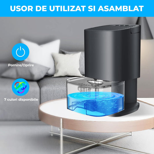 Dezumidificator Portabil Elindor®, Oprire Automată, Rezervor 1L, Lumini LED, Negru
