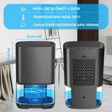 Dezumidificator Portabil Elindor®, Oprire Automată, Rezervor 1L, Lumini LED, Negru