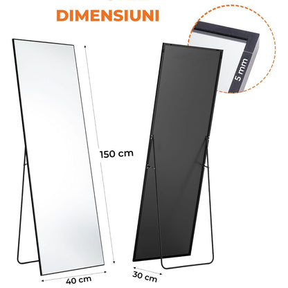 Oglindă Elindor® de Podea sau Perete, 150x40 cm, Cadru din Aluminiu, Design Dreptunghi, Negru