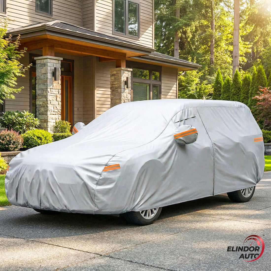 Prelata Auto Premium Elindor® Impermeabila, Protectie UV, Antisoare, Praf, Ploaie si Zapada, Toate Anotimpurile, Husa Exterior, Huse Protectie Completa, Universala, Accesorii Masina, Marime Break L, 470 × 198 × 144 cm, Gri