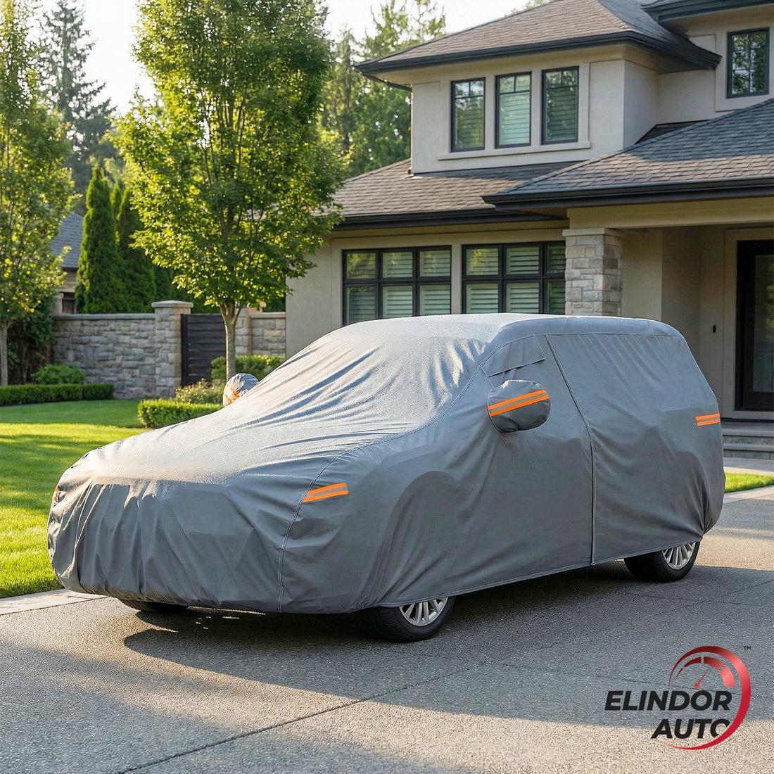 Prelata Auto Premium Elindor® Impermeabila, Protectie UV, Antisoare, Praf, Ploaie si Zapada, Toate Anotimpurile, Heavy Duty, Husa Exterior, Huse Protectie Completa, Universala, Accesorii Masina, Marime Break L, 470 × 198 × 144 cm, Gri Inchis