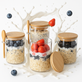 Set 4 Recipiente din Sticla Elindor®, Borcane cu Capac pentru Mic Dejun, Iaurt, Fulgi, Desert, Budinca, Gustari,  470 ml, Dimensiuni 8.5×8.5×12 cm, Transparent