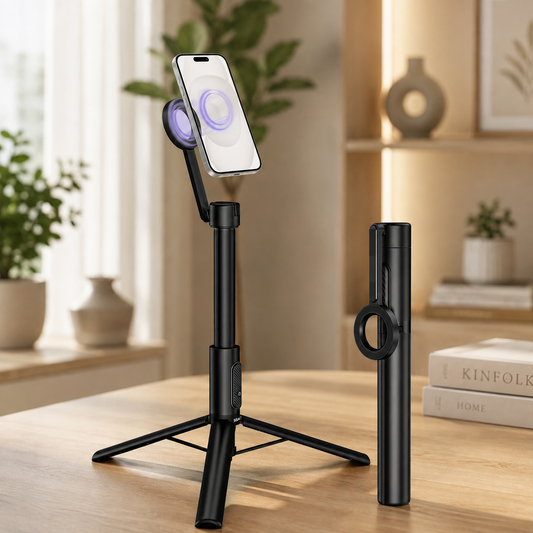 Trepied Magnetic Elindor® pentru iPhone, Selfie Stick Magsafe, Perfect pentru Calatorii, cu Telecomanda pentru Inregistrare Video pe Telefonul Mobil, Negru