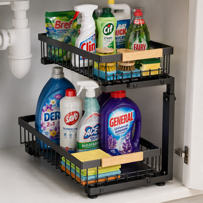 Organizator Dulap Sub Chiuveta Elindor®, 2 Niveluri, 2 Rafturi Metalice Culisante, Organizator Multifunctional pentru Bucatarie si Baie, Suport Depozitare Detergenti si Produse Curatenie, Acces Rapid, Economisire Spatiu, Negru