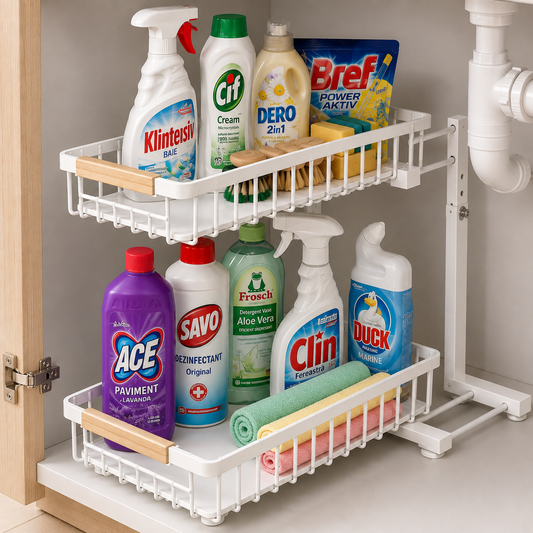 Organizator Dulap Sub Chiuveta Elindor®, 2 Niveluri, 2 Rafturi Metalice Culisante, Organizator Multifunctional pentru Bucatarie si Baie, Suport Depozitare Detergenti si Produse Curatenie, Acces Rapid, Economisire Spatiu, Alb