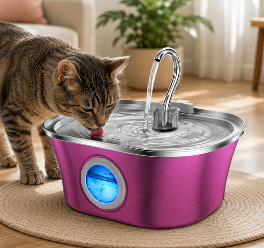 Fantana Apa Pisici si Caini Elindor®, Dispenser Automat cu Capac pentru Animale, Silentios 20dB, Adapator cu Dubla Circulatie, Sistem de Purificare si Filtrare Multiplu, Adaptor Priza, Capacitate 3,2L, Filtru si Pompa Incluse, Inox 304, Roz