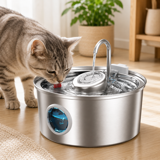 Fantana Apa Pisici si Caini Elindor®, Dispenser Automat cu Capac pentru Animale, Silentios 23dB, Adapator cu Dubla Circulatie, Sistem de Purificare si Filtrare Multiplu, Adaptor Priza, Filtru si Pompa Incluse, Inox 304, Capacitate 3.2L, Argintiu