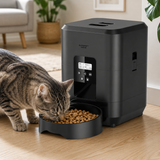Hranitor Automat Animale Elindor® Dozator Mancare Caini si Pisici, Adapator Capacitate 2L, 1x Castron, Sunet Hranire, Dispenser Programabil, Alimentare Dubla, Adaptor Priza, Baterii, Ecran LCD, Negru