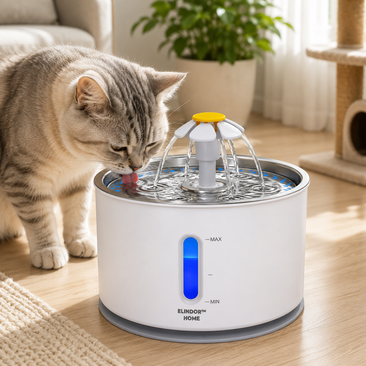 Fantana Apa Pisici si Caini Elindor®, Dispenser Automat Animale, Capac din Inox, Adapator Dubla Circulatie, Silentios 30dB, Sistem de Purificare si Filtrare Carbune Activ, Flux Triplu, Adaptor Priza, Filtru si Pompa Incluse, Capacitate 2.4L, Alb