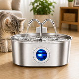Fantana Apa Pisici si Caini Elindor®, Dispenser Automat cu Capac pentru Animale, Silentios 20dB, Adapator cu Dubla Circulatie, Purificare si Filtrare Carbune Activ, Flux Dublu, Adaptor Priza, Capacitate 3,2L, Filtru si Pompa Incluse, Inox 304, Argintiu