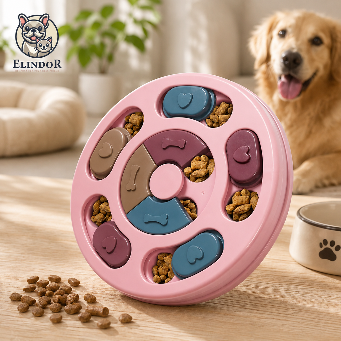 Jucarie Puzzle Elindor® Interactiva pentru Animale de Companie, Bol de Mancare, Compartimente Glisante, Roz