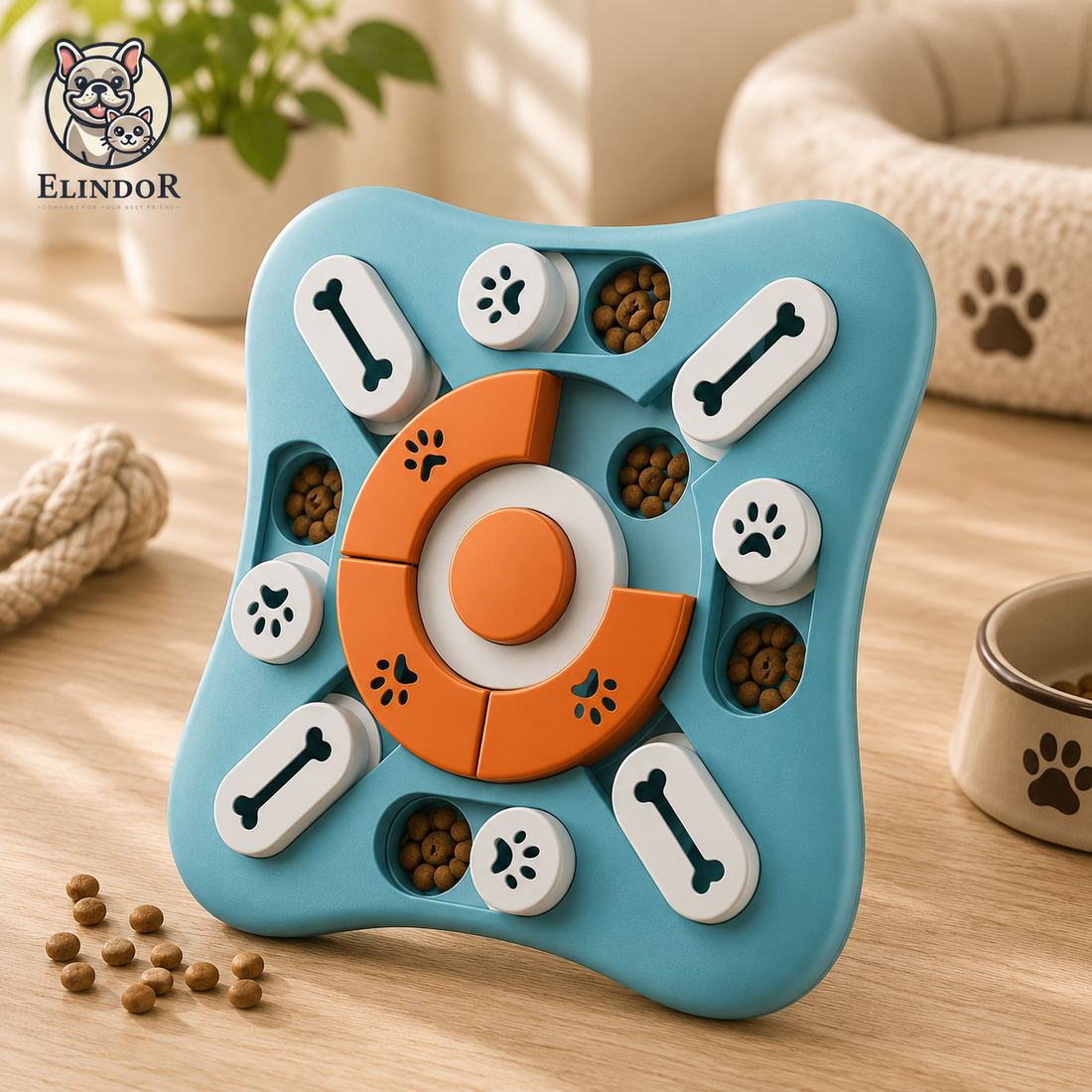 Puzzle Inteligent Elindor® pentru Caini si Pisici cu Sunet si Compartimente Recompense si Hrana, Rotire 360, Albastru