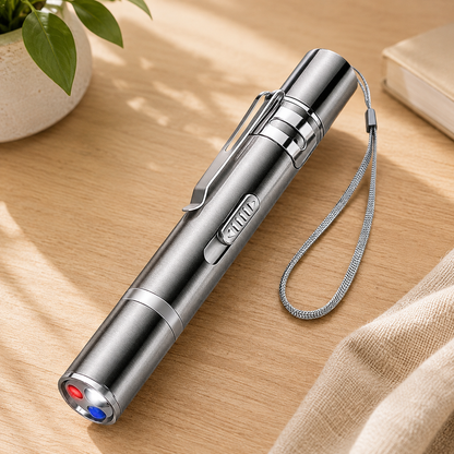 Jucarie Interactiva Elindor® pentru Pisici si Caini, Laser Pointer Reincarcabil USB, 7 Moduri Ajustabile, Lanterna LED, Otel Inoxidabil, Argintiu