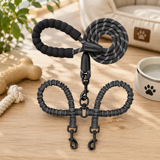 Lesa dubla pentru caini, cu rotire 360 grade, cu absorbtie a socului, pentru doi caini, L 11-68kg, Negru