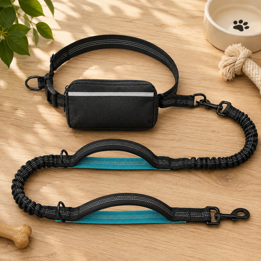 Lesa pentru caini hands-free, cu borseta detasabila cu fermoar, manere duble captusite si elastic durabil, pentru caini cu greutatea intre 11kg si 55 kg, Negru