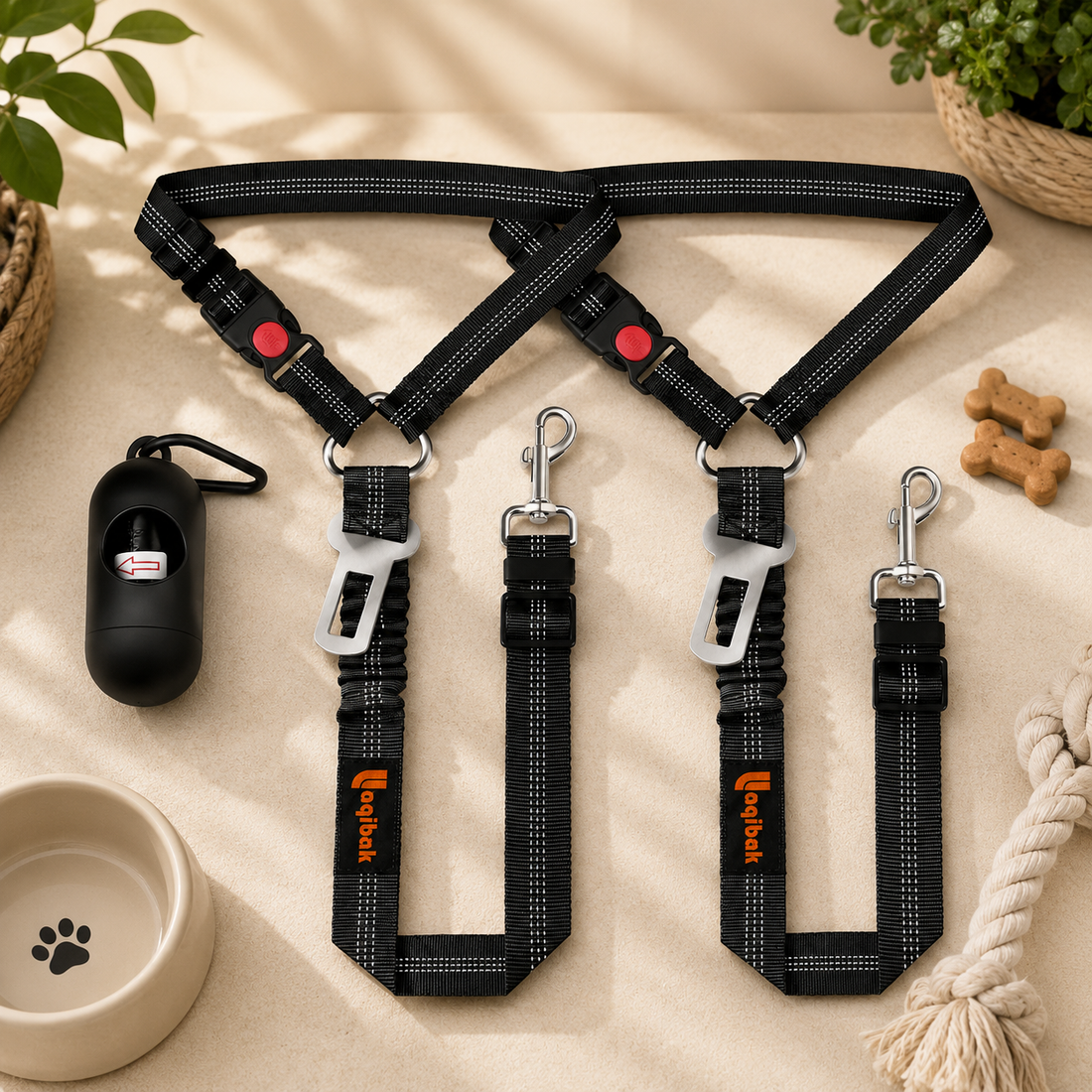Set 2 Lese Pentru Caine cu Centura de Siguranta Auto, 3 in 1, Refletroizanta cu Rotire 360 Grade, Lungime Reglabila, Elastica, Dimensiuni 65-67 cm x 44-50 cm, Negru