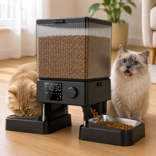 Hranitor Automat Animale Elindor® WiFi, Inregistrare Vocala, Dozator Mancare Caini si Pisici, Adaptor Priza si Baterii, Sunet Hranire, Dispenser Programabil, Adapator Capacitate 5L, 2x Castron Inox, Aplicatie pentru Monitorizare, Ecran LCD, Negru