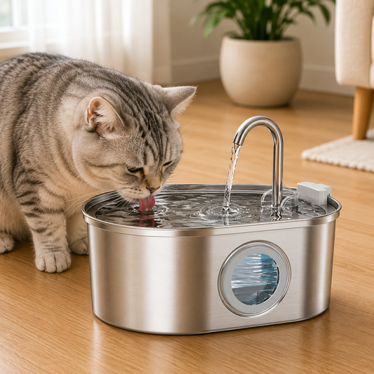 Fantana Apa Pisici si Caini Elindor®, Dispenser Automat cu Capac pentru Animale, Adapator cu Dubla Circulatie, Silentios 30dB, Sistem de Purificare si Filtrare Carbune Activ, Adaptor Priza, Filtru si Pompa Incluse, Inox 304, Capacitate 3.2L, Argintiu