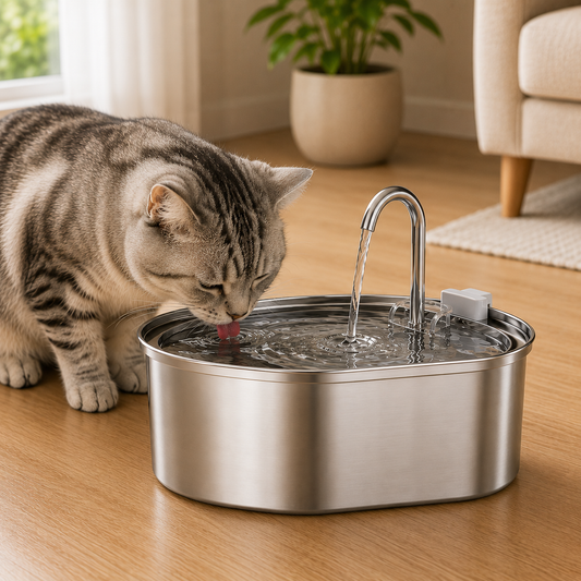 Fantana Apa Pisici si Caini Elindor®, Dispenser Automat cu Capac pentru Animale, Silentios 25dB, Adapator cu Dubla Circulatie, Sistem de Purificare si Filtrare Carbune Activ, Adaptor Priza, Filtru si Pompa Incluse, Inox 304, Capacitate 3.2L, Argintiu